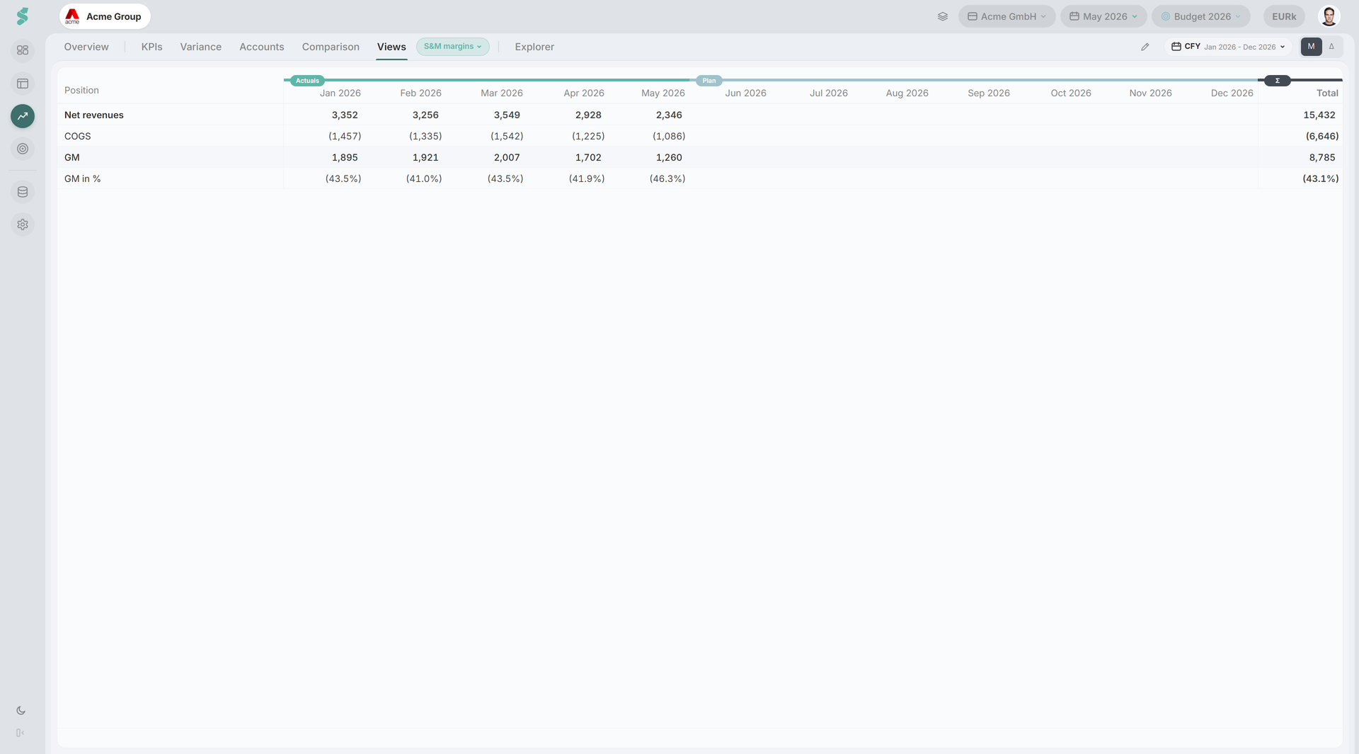Views tab with the months-across grid, the view picker pill beside the tab and a row open in the row editor