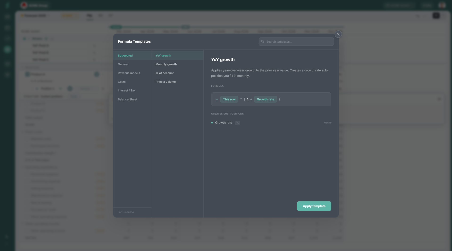 Formula-templates modal opened from a Formula row, showing the five category tabs (General, Revenue models, Costs, Interest / Tax, Balance Sheet) with template cards in the active category and a search input at the top