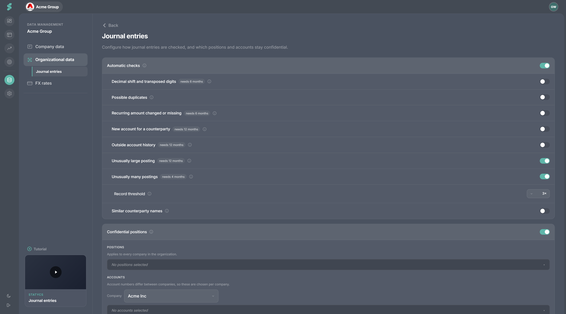 Data → Journal entries → Automatic checks — master switch on, the eight check groups listed with one showing a history requirement, and the record threshold selector