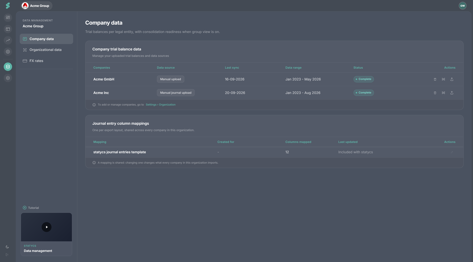 Company overview showing sync status, uploaded time range, and mapping status per entity