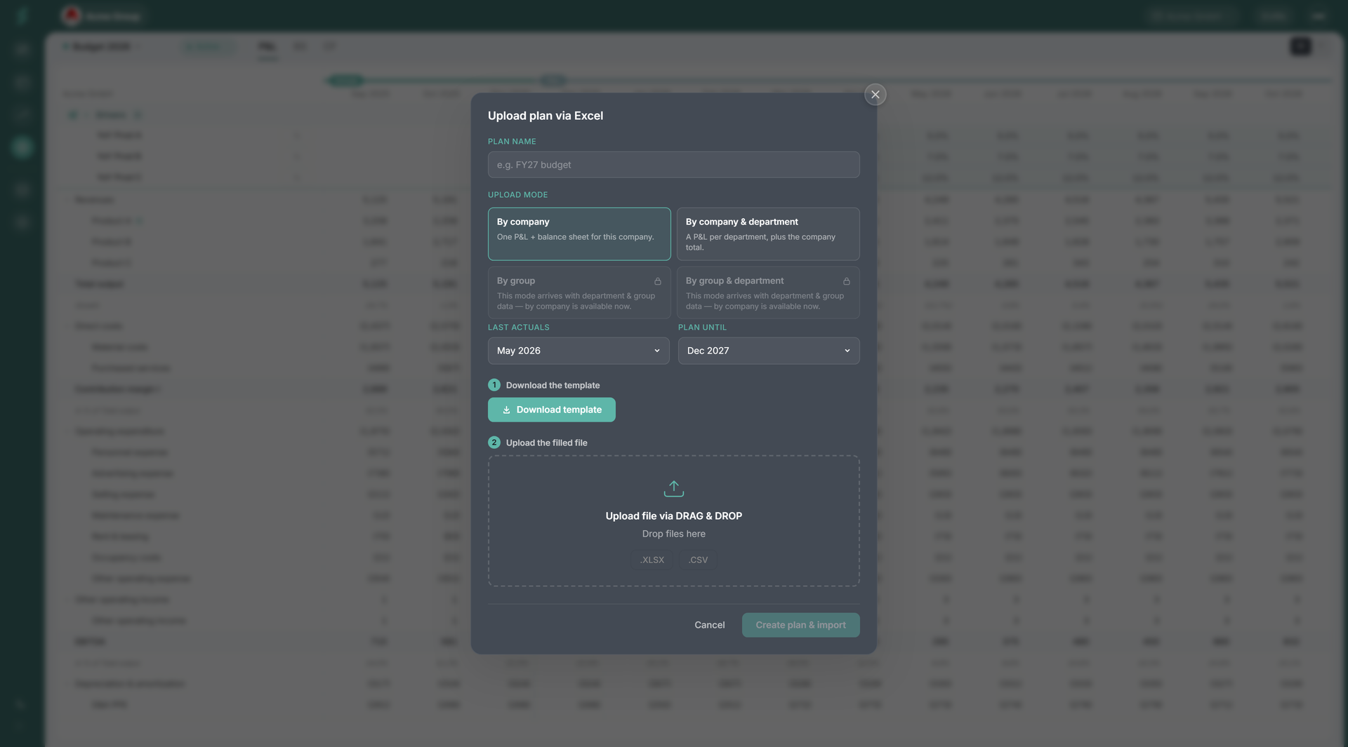 Plan export modal in-app showing the mode picker (total / by-dept), the period range fields, the plan dropdown, and the Download button