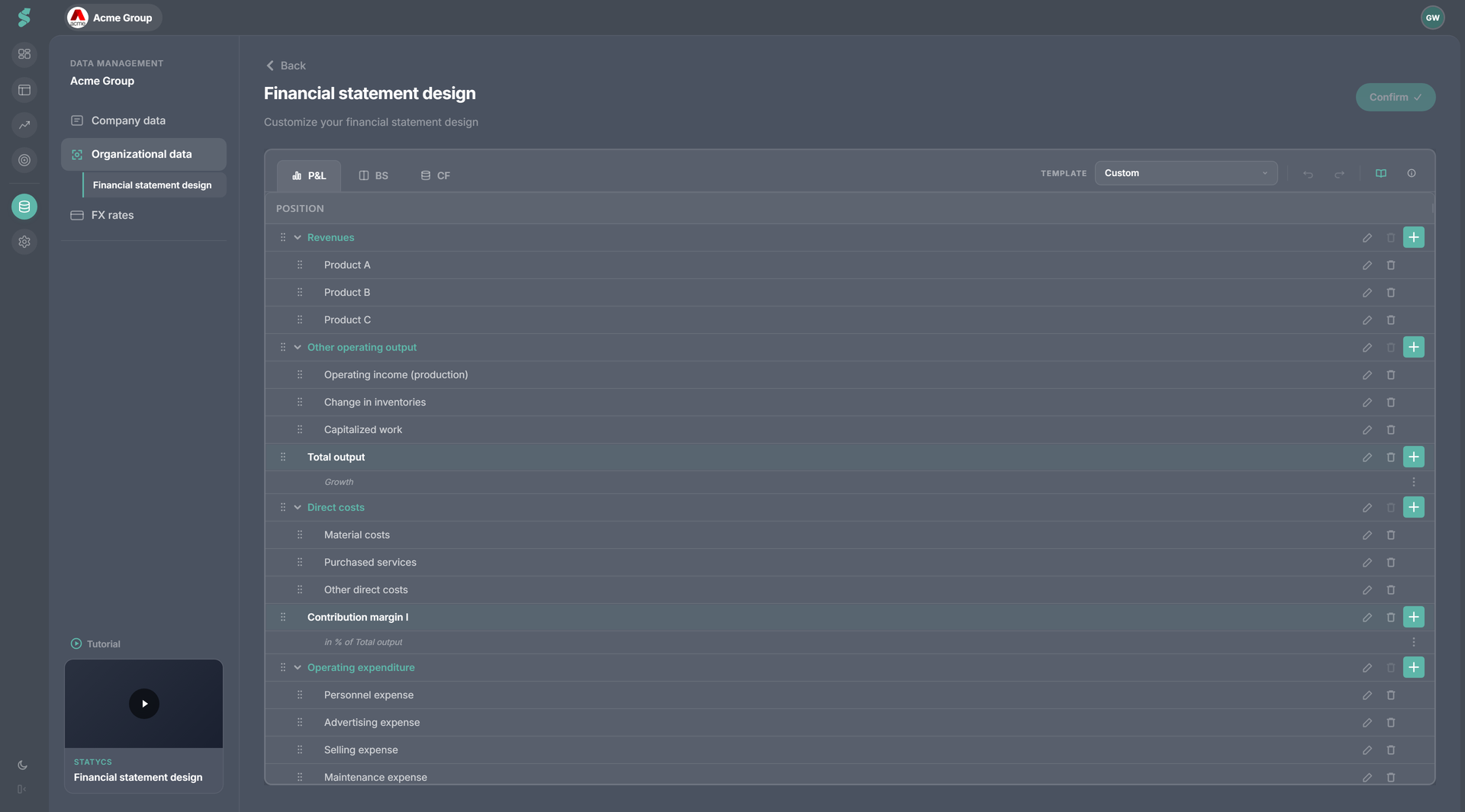 Financial statement design editor with drag-and-drop hierarchy