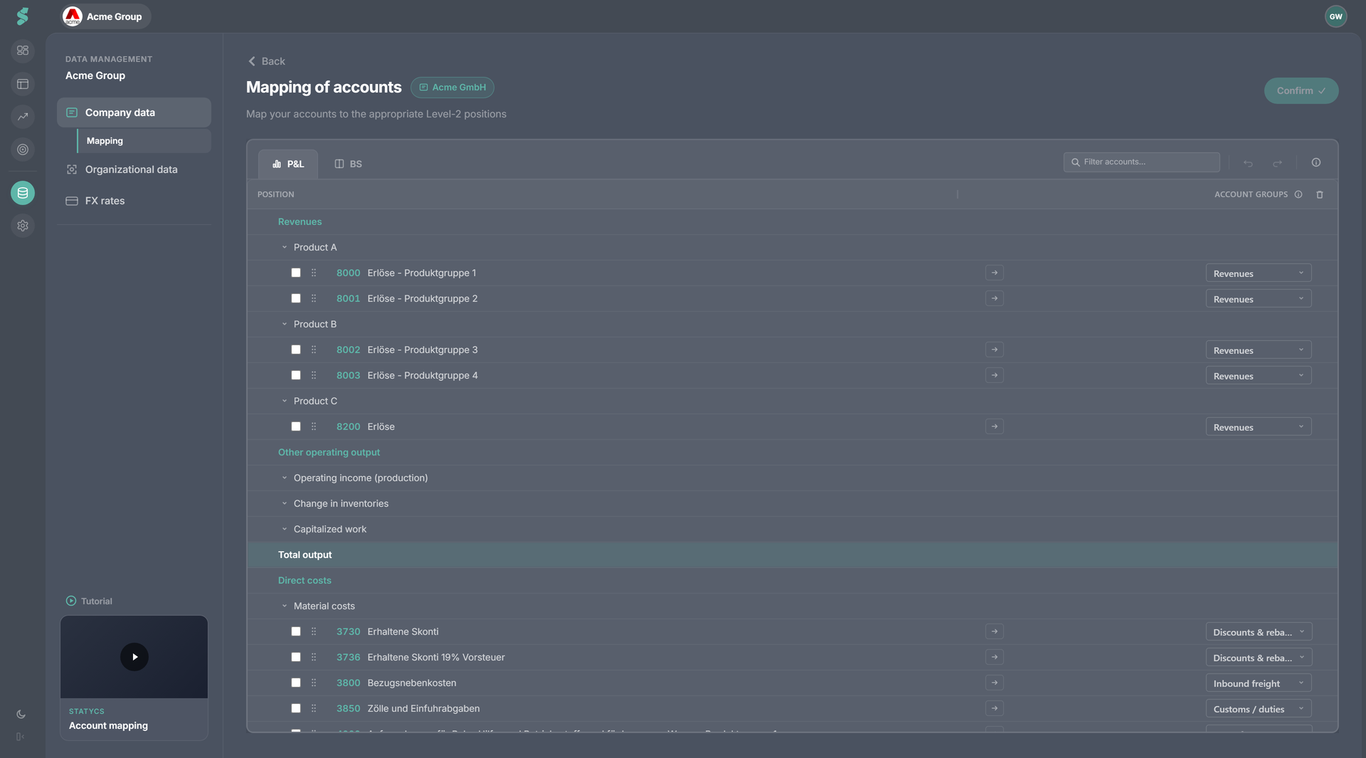 Account mapping screen with drag-and-drop and warning indicators