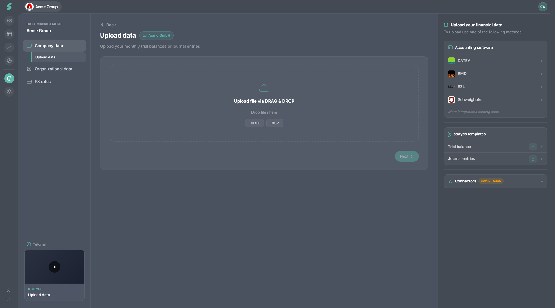 Upload Data step showing trial balance upload and supported formats